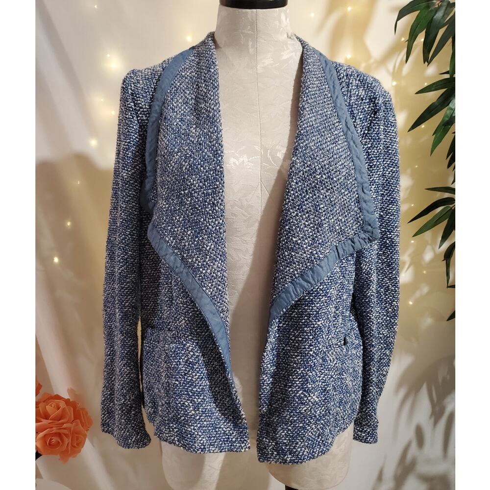 Talbots Open Tweed Blazer Jacket Womens Size L Blue White Career Office Pockets